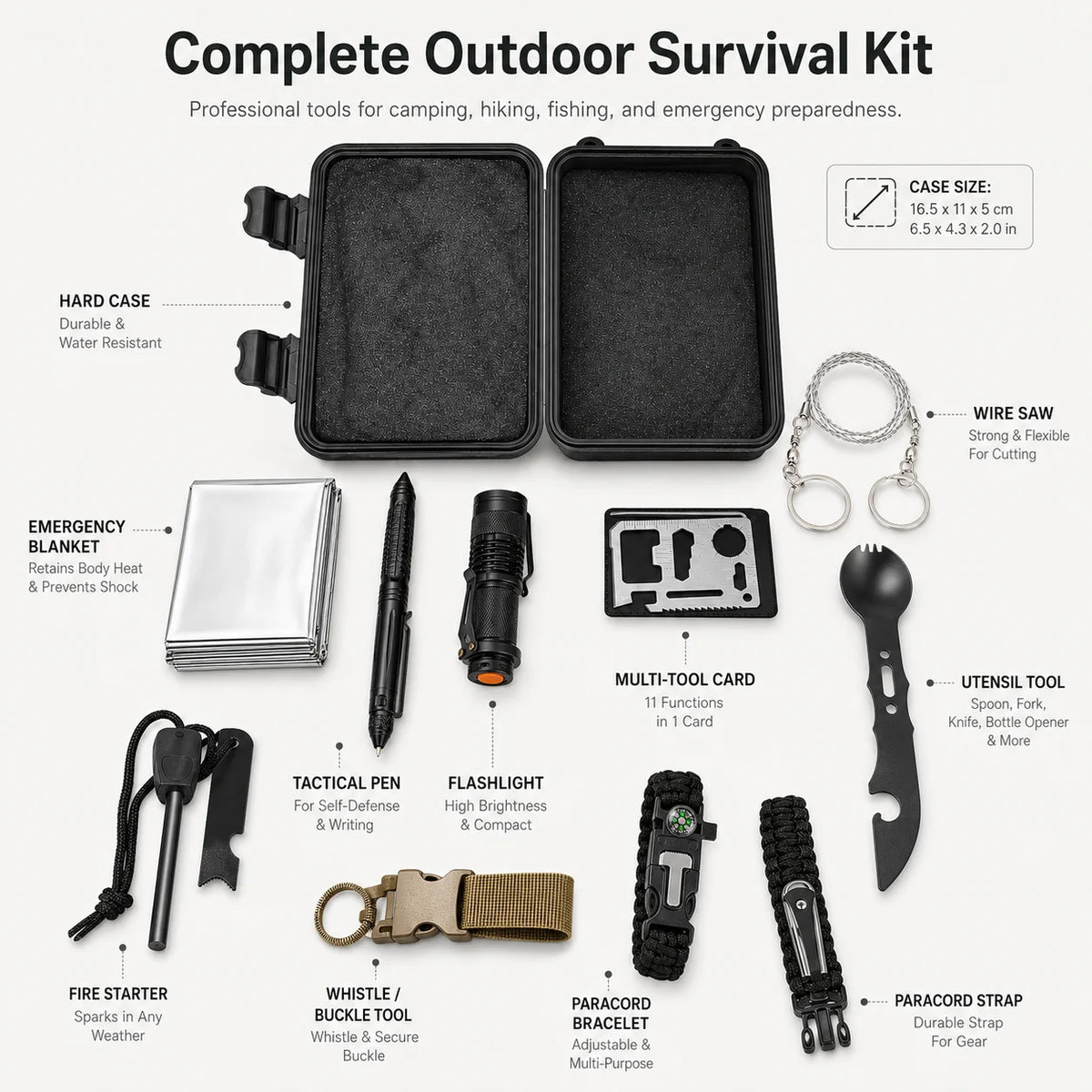 Kit de Survie Outdoor Complet – Couverture de Survie, Boussole, Allume-Feu, Bracelet Paracorde | Camping & Urgence