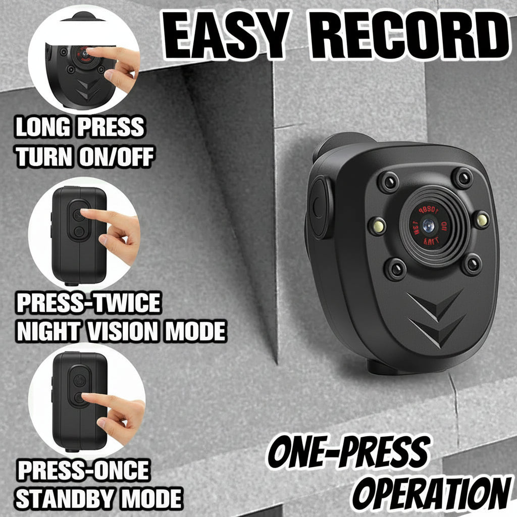 Mini Caméra Corporelle HD 1080P – Vision Nocturne IR, Enregistrement en Boucle, Batterie 800 mAh, Clip 360°, Sans ou Avec Carte SD