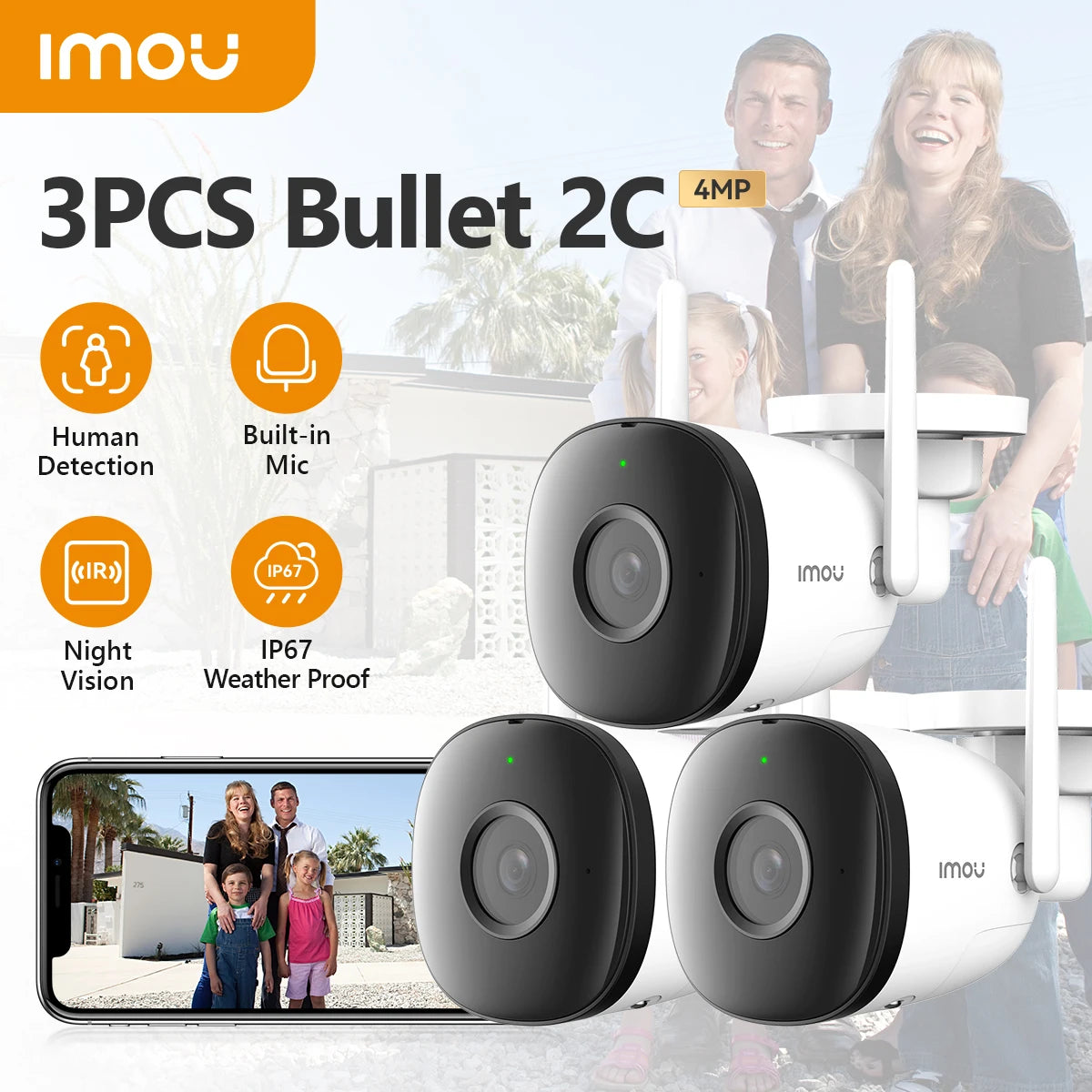 Lot de 3 Caméras IMOU Bullet 2C 4MP – Caméra WiFi Extérieure avec Détection Humaine IA, Vision Nocturne 30m & Étanchéité IP67 Ma boutique