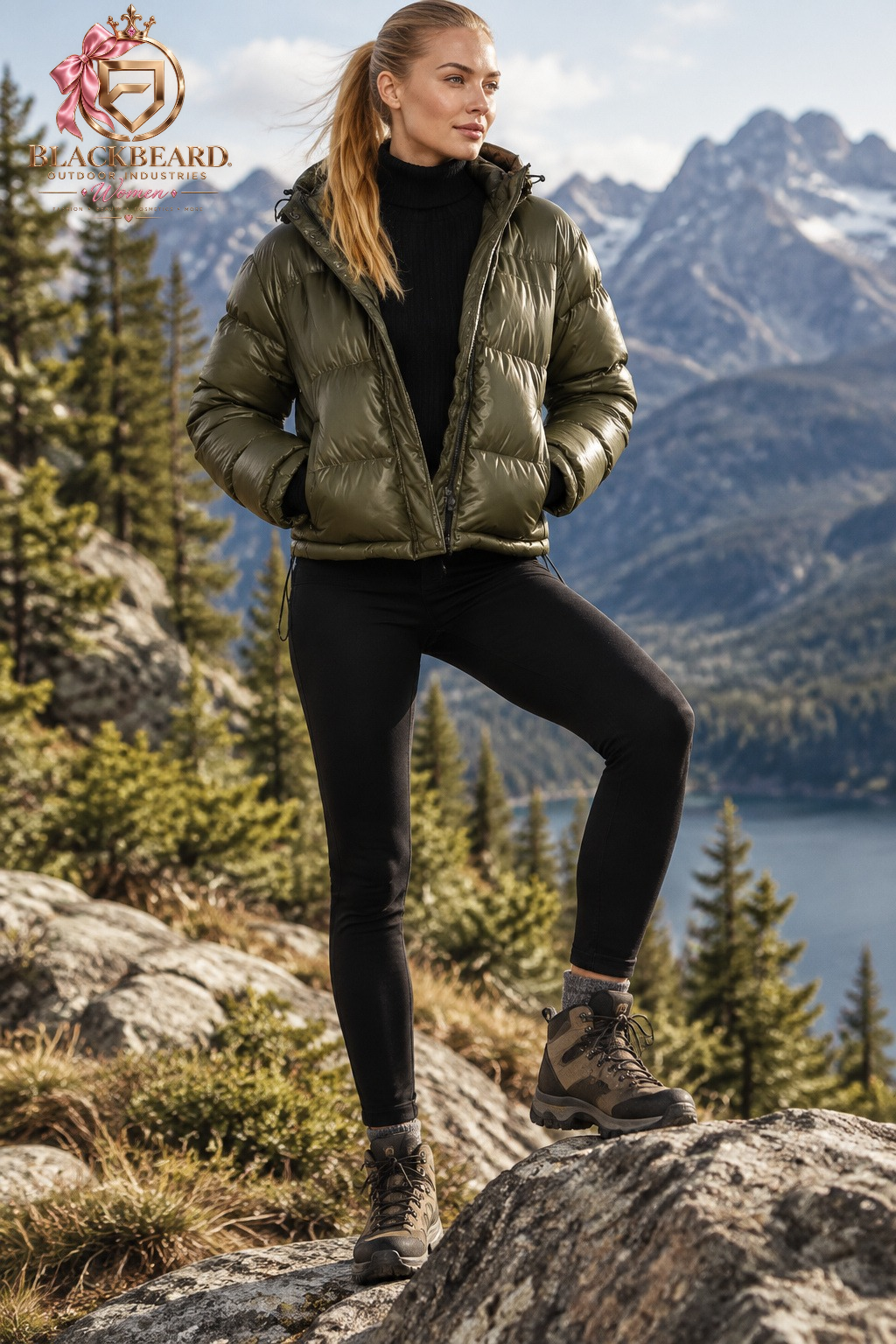 Doudoune courte femme vert olive brillante à capuche