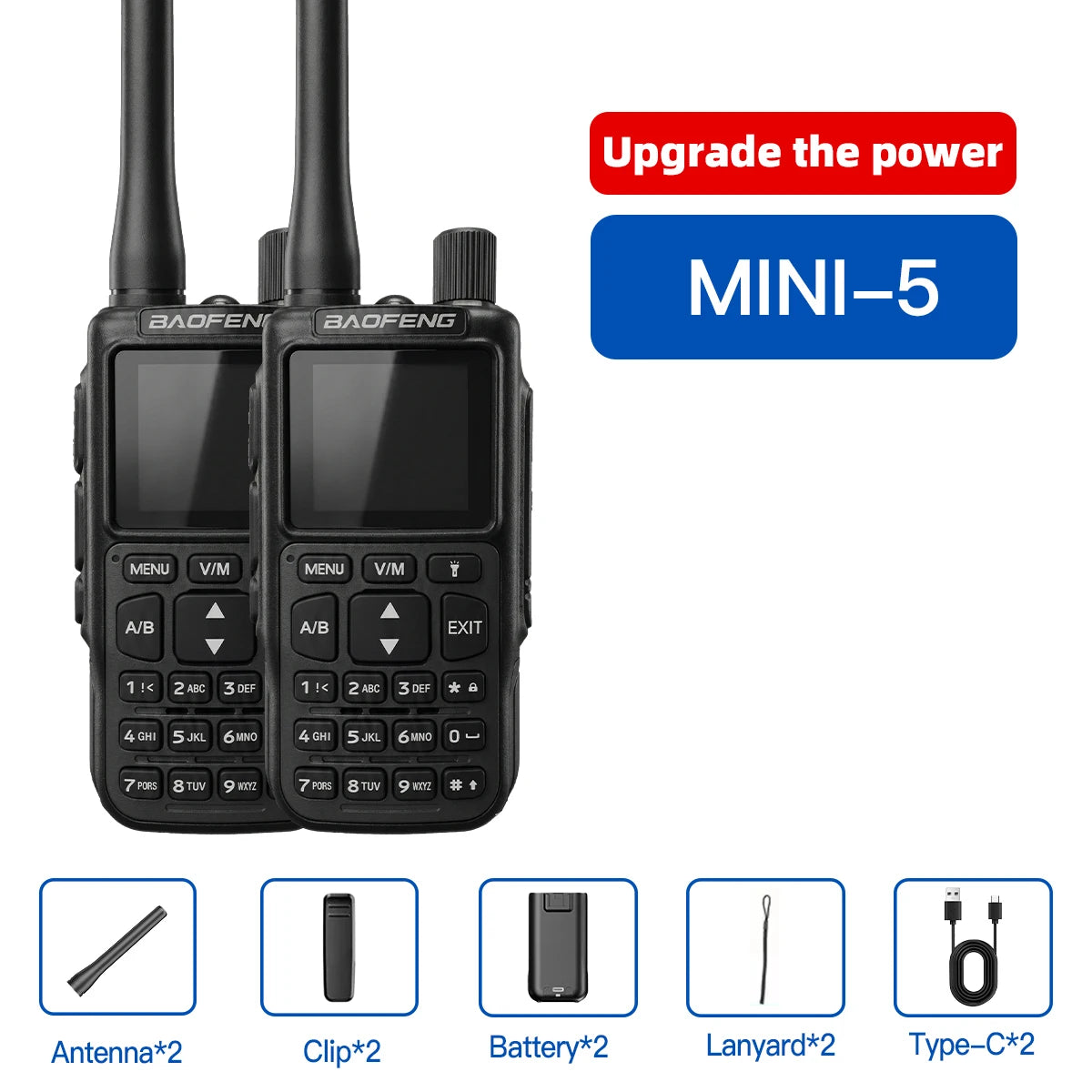 Talkie-Walkie Baofeng MINI-5 – Programmation Bluetooth, 999 Canaux, USB-C, Double PTT