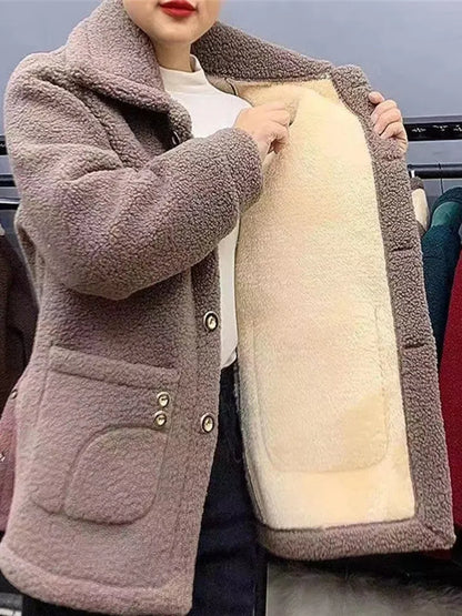 Manteau Femme Hiver Fausse Fourrure Agneau – Bouton Simple Col Rabattu Poches Chaud