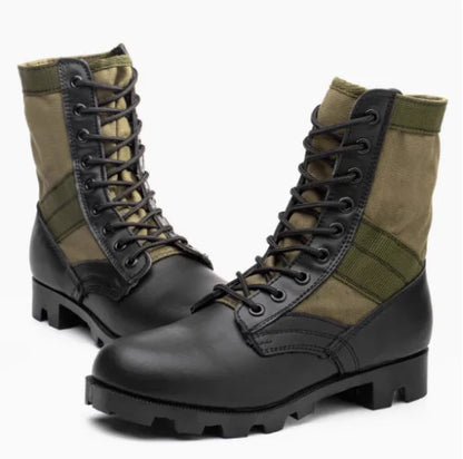 Rangers Militaires Jungle – Cuir, Semelle Caoutchouc | Forces Spéciales | Noir & Vert Armée | EU 35-47