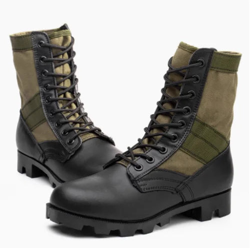 Rangers Militaires Jungle – Cuir, Semelle Caoutchouc | Forces Spéciales | Noir & Vert Armée | EU 35-47