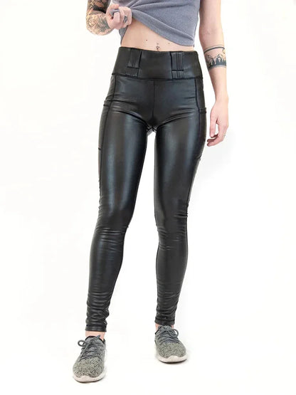 Legging Tactique Simili Cuir Femme Taille Haute – 2 Poches, Compatible Holster & Ceinturon