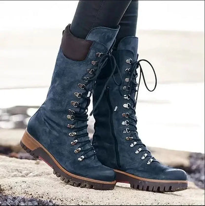 Bottes Femme Mi-Mollet Plateforme Zip – Talon Carré Bout Rond Style Moto Hiver