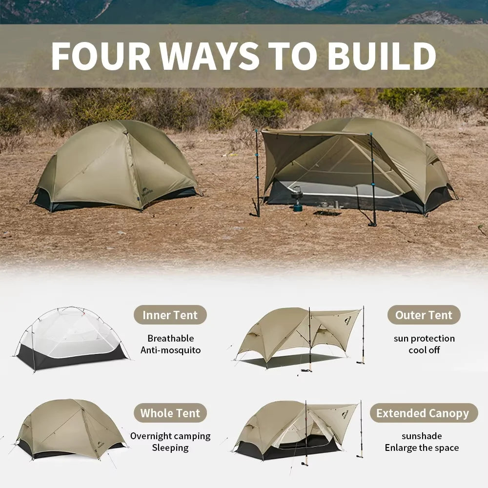 Tente Ultra-Légère Naturehike Mongar UL 2 Personnes – 3 Saisons, 15D/20D, Imperméable 3000mm