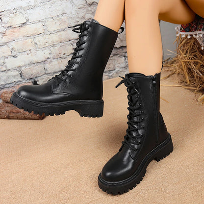 Bottes de Combat Femme Cuir PU – Talon Carré Zip Mi-Mollet Style Britannique
