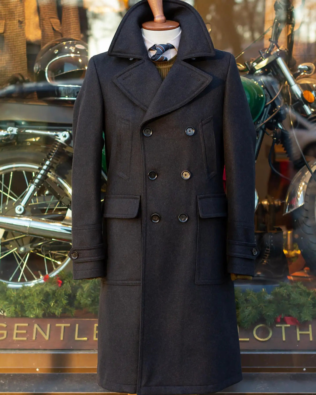 Manteau long homme à double boutonnage en laine et coton