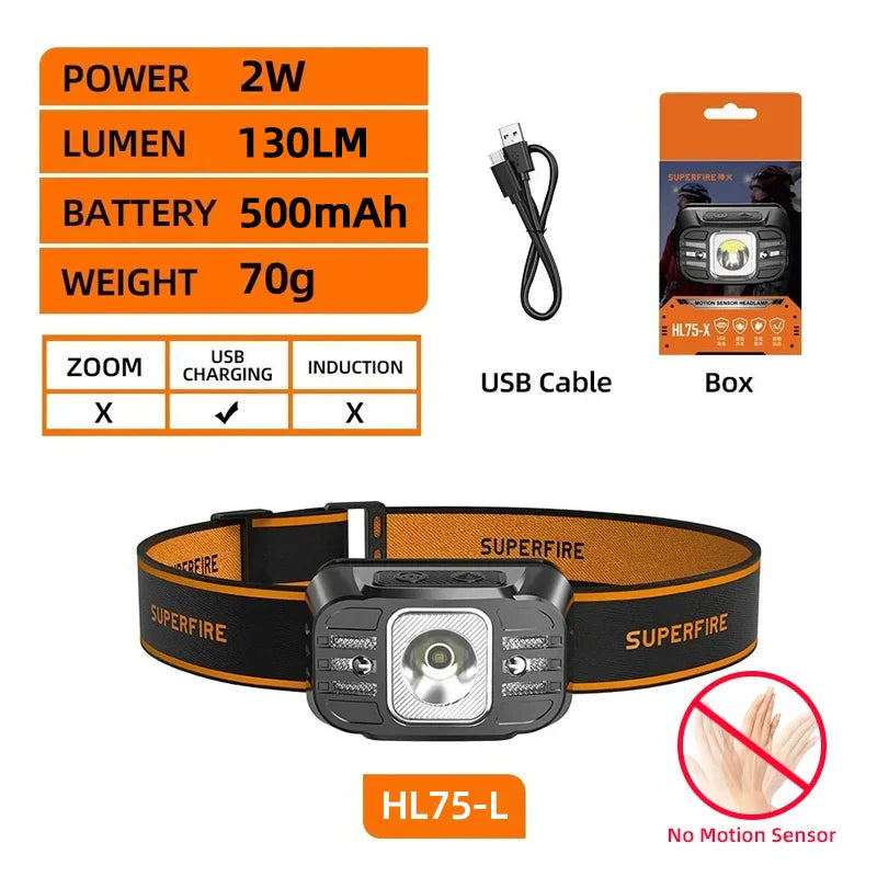 SUPERFIRE HL75 – Mini Lampe Frontale LED Rechargeable USB-C | Haute Puissance | Capteur de Mouvement | Étanche | 7 Modes | 70g Ultra Légère Ma boutique
