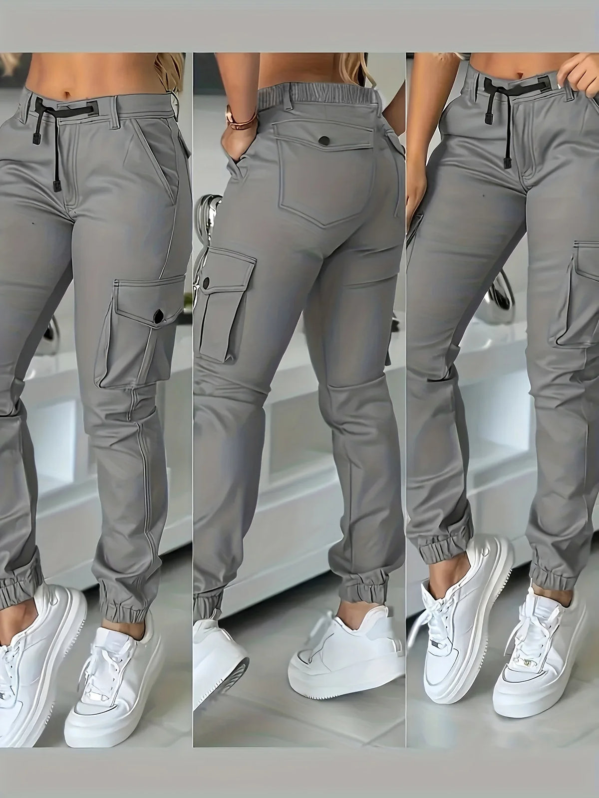 Pantalon cargo femme taille haute multi-poches