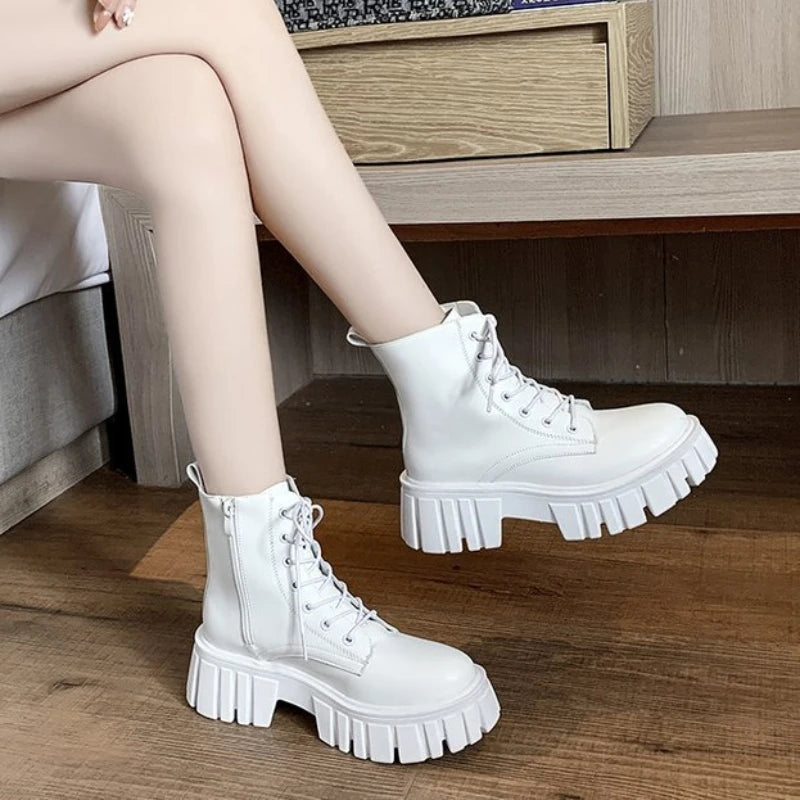 Bottines femme à lacets en simili cuir, talon compensé