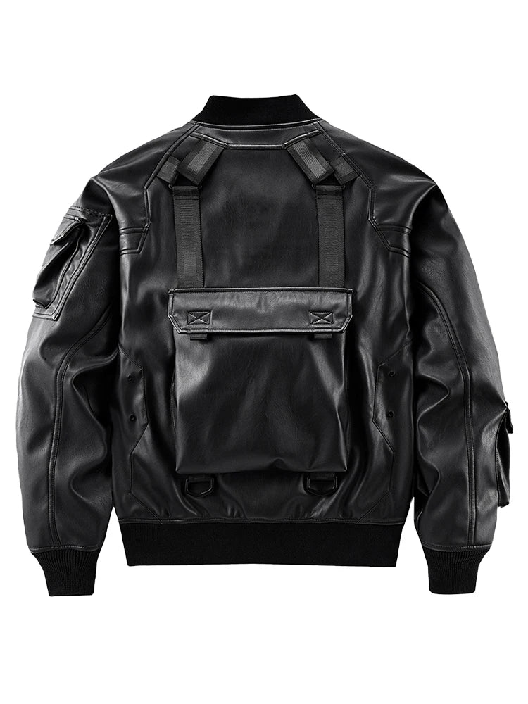 Blouson Bomber Techwear Homme en Similicuir - Oversize Multipoches