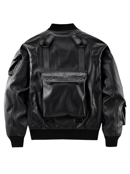 Blouson Bomber Techwear Homme en Similicuir - Oversize Multipoches
