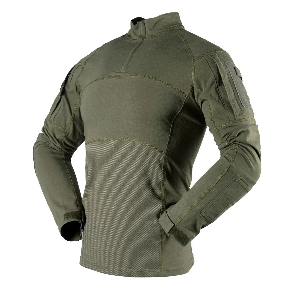 T-Shirt Tactique Manches Longues Camouflage – Coton, Col Montant | Airsoft, Paintball, Chasse, Militaire