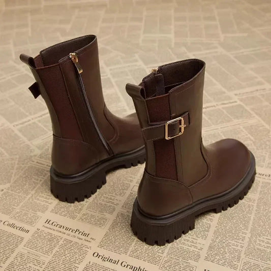 Bottines Femme Style Moto Talon Carré Plateforme Zip – Casual Chic