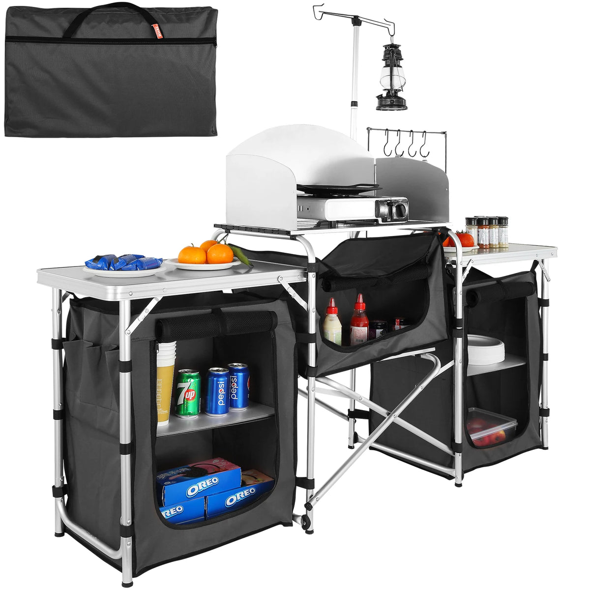 Table Cuisine Camping Pliante SucceBuy Aluminium – Plan de Travail MDF, Rangement, Pare-Vent | BBQ, Pique-Nique, Van | Gris, Marron, Noir