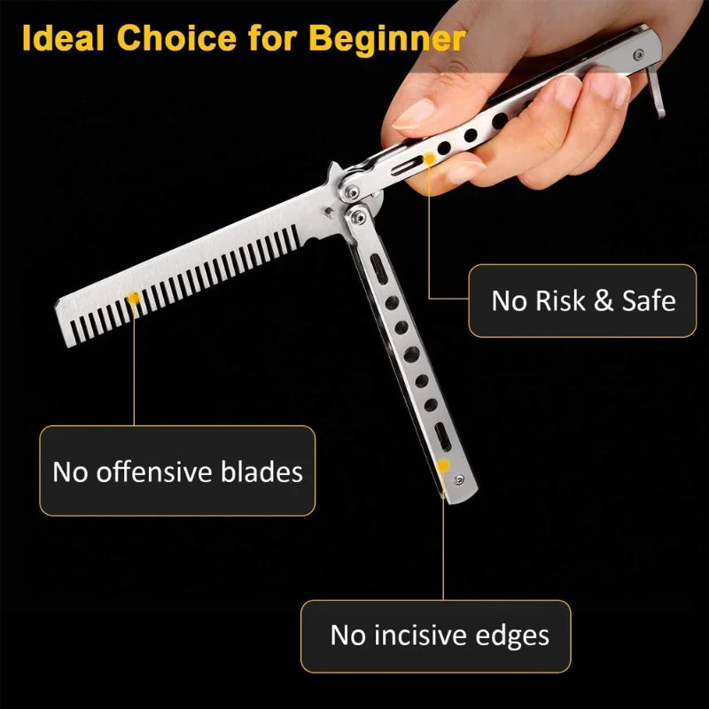 Peigne Couteau Papillon Acier Inox – Style Balisong, Coiffure & Barbe, 22 cm