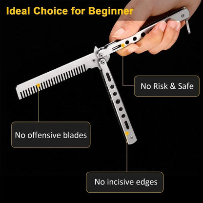 Peigne Couteau Papillon Acier Inox – Style Balisong, Coiffure & Barbe, 22 cm