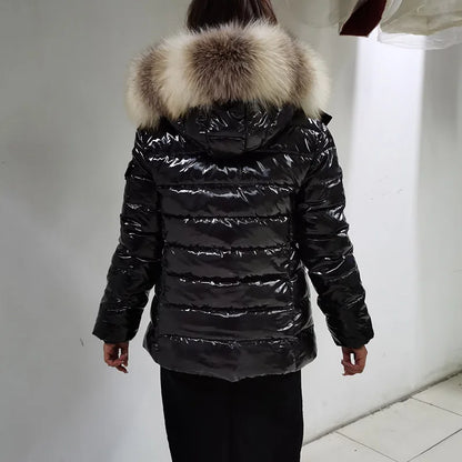 Doudoune brillante femme à capuche – duvet de canard, courte ou longue