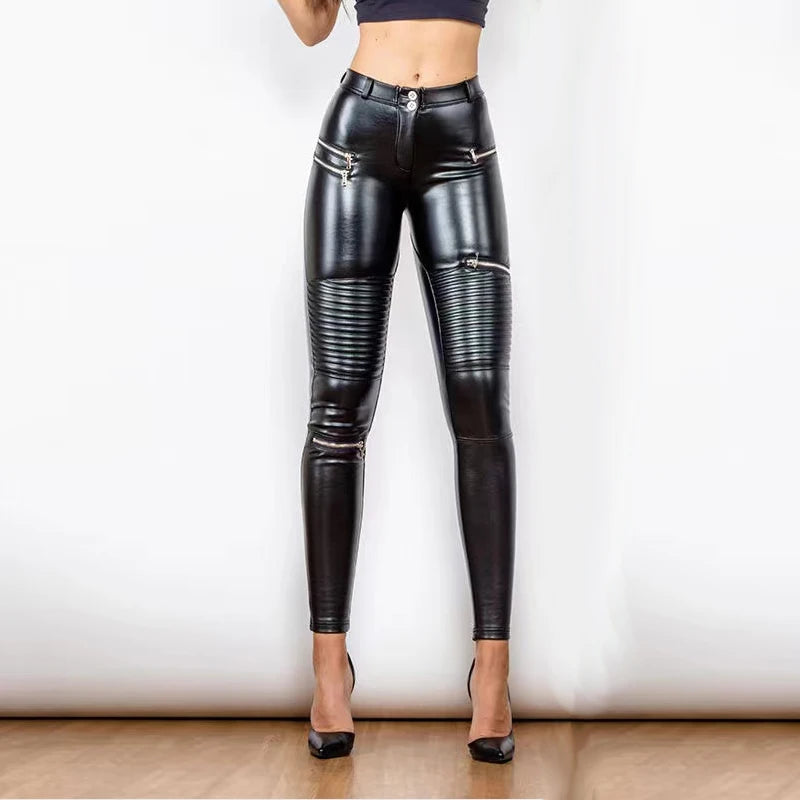 Legging Cuir Femme Taille Haute avec Poches – Style Biker Tactique, Slim Stretch