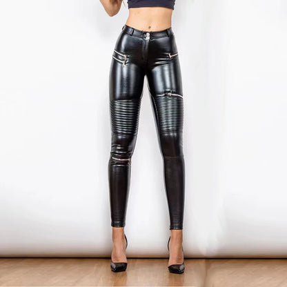 Legging Cuir Femme Taille Haute avec Poches – Style Biker Tactique, Slim Stretch