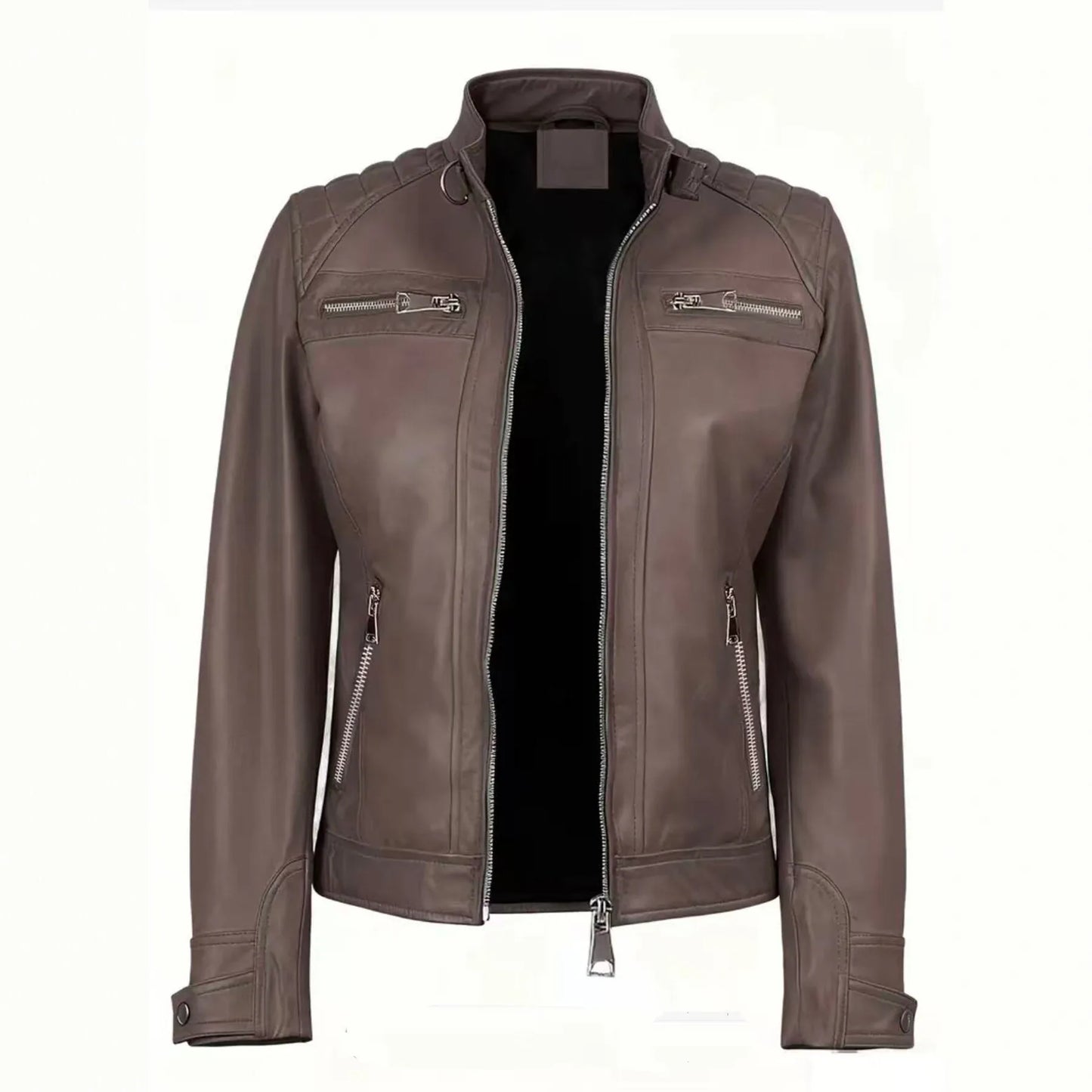 Veste en Cuir PU Femme Style Moto – Col Officier, Slim Fit, Sà XXL