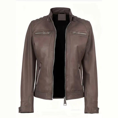 Veste en Cuir PU Femme Style Moto – Col Officier, Slim Fit, Sà XXL