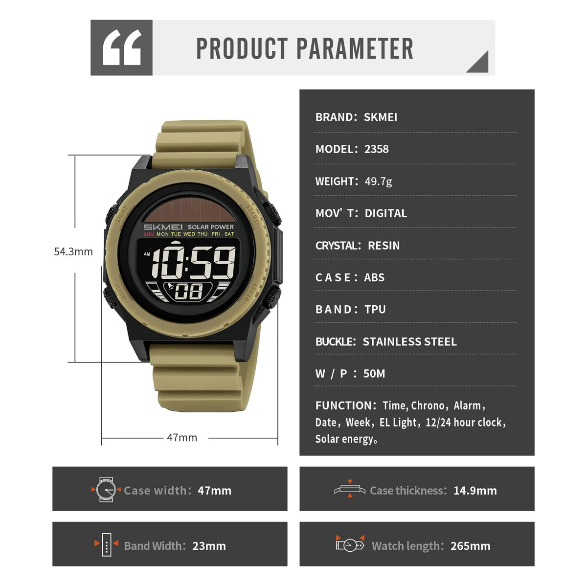Montre Digitale SKMEI 2358 – Énergie Solaire – Étanche 5ATM – Homme & Femme - BLACKBEARD OUTDOOR INDUSTRIES