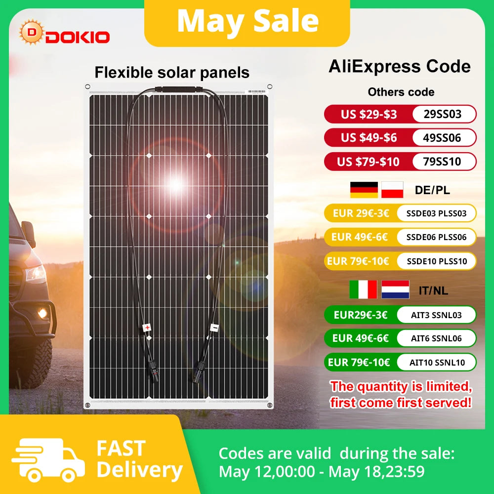 DOKIO Flexible Solar Panel 100W - Monocrystalline Silicon, 18V - Idéal pour Camping RV - BLACKBEARD OUTDOOR INDUSTRIES