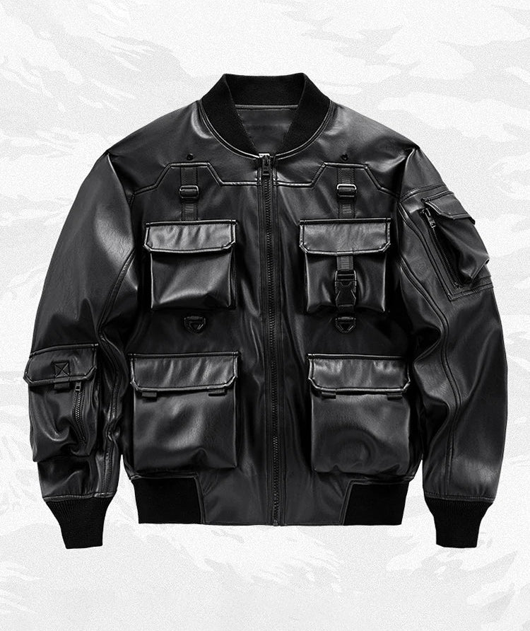 Blouson Bomber Techwear Homme en Similicuir - Oversize Multipoches