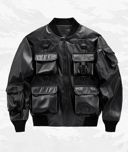 Blouson Bomber Techwear Homme en Similicuir - Oversize Multipoches