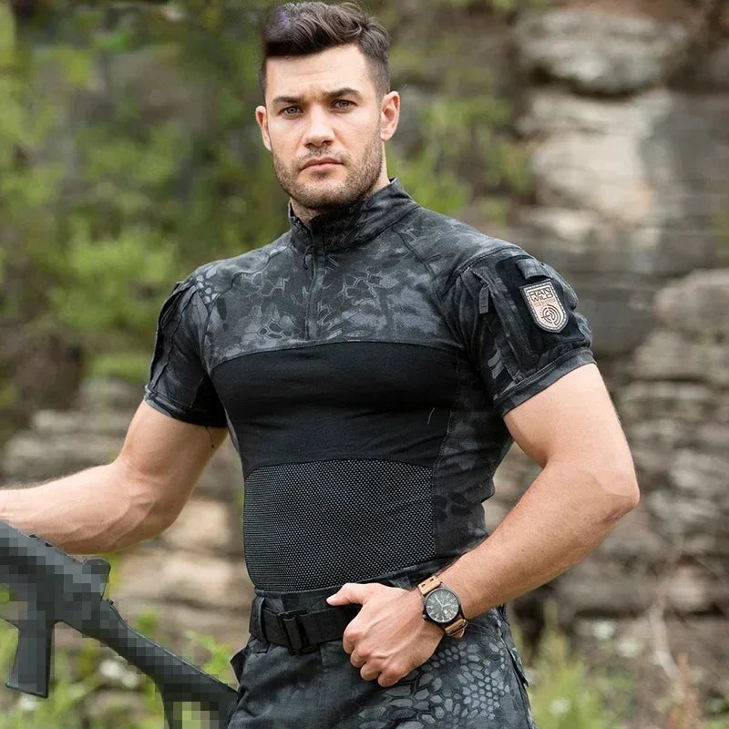 T-Shirt Tactique Combat Homme – Manches Courtes, Camouflage Multicam | Chasse & Airsoft