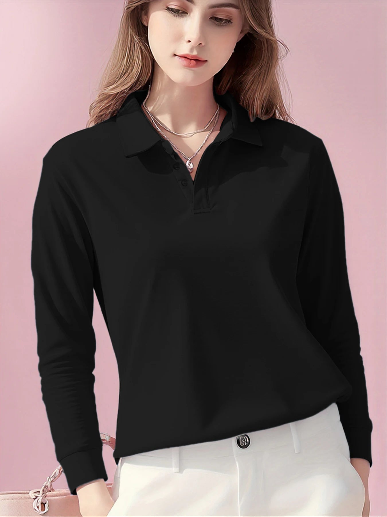 Polo Femme Manches Longues – Coupe Loose Casual, Matière Polyester Anti-Boulochage, Disponible en 5 Coloris