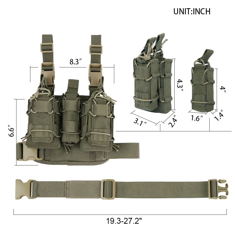 Plateforme de cuisse tactique MOLLE en Cordura avec porte-chargeurs, noir, vert ou coyote