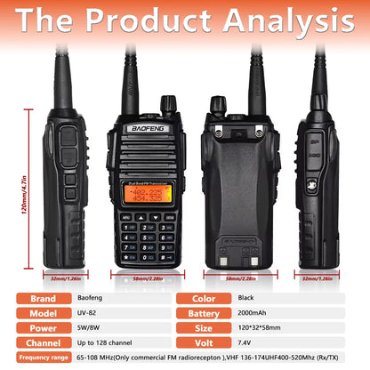 Talkie-Walkie Baofeng UV-82 Double PTT 5W/8W – Radio Amateur VHF/UHF, Portée 10 km