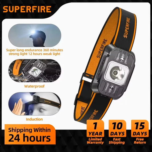 SUPERFIRE HL75 – Mini Lampe Frontale LED Rechargeable USB-C | Haute Puissance | Capteur de Mouvement | Étanche | 7 Modes | 70g Ultra Légère Ma boutique