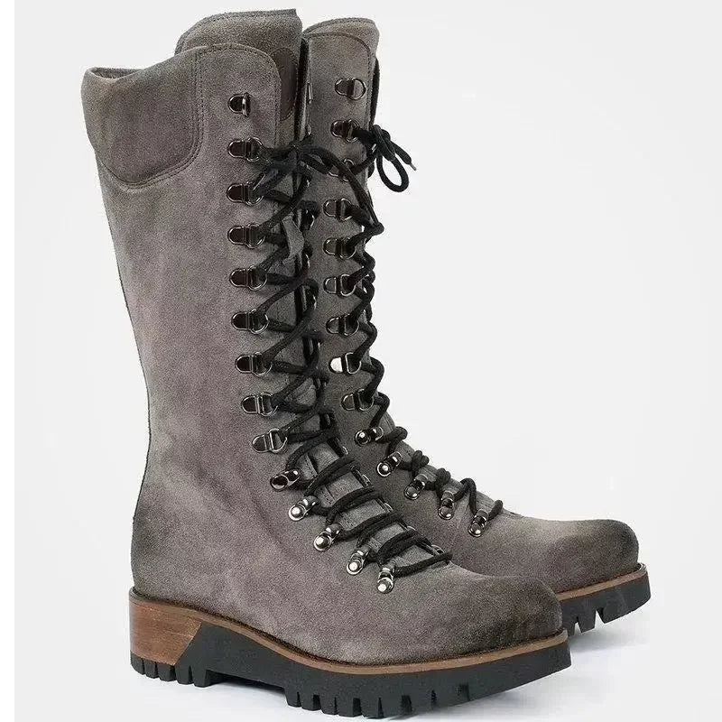 Bottes Femme Mi-Mollet Plateforme Zip – Talon Carré Bout Rond Style Moto Hiver