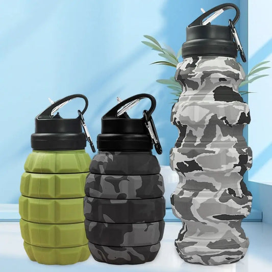 Gourde Silicone Pliable 580ml — Design Grenade Camouflage | Tactique & Outdoor | Rétractable | Sans BPA | 6 Styles Camouflage