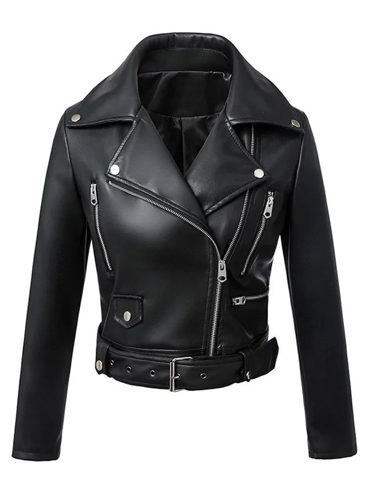 Blouson Biker Femme Noir en Similicuir - Court, Coupe Ajustée avec Ceinture