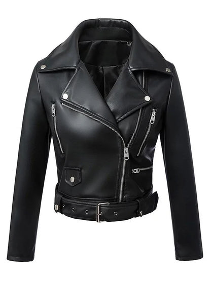 Blouson Biker Femme Noir en Similicuir - Court, Coupe Ajustée avec Ceinture