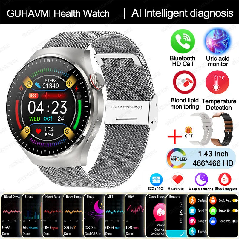 Montre Connectée Médicale GUHUAVMI TK26 – ECG+PPG – Uric Acid, Température, Lipides, Appels Bluetooth – Écran AMOLED 1.43” – Étanche IP68 - BLACKBEARD OUTDOOR INDUSTRIES