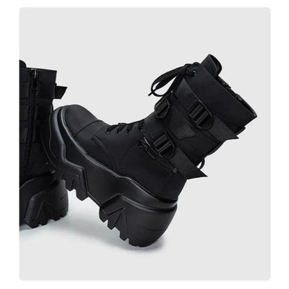 Bottines compensées femme noires à boucles en simili cuir