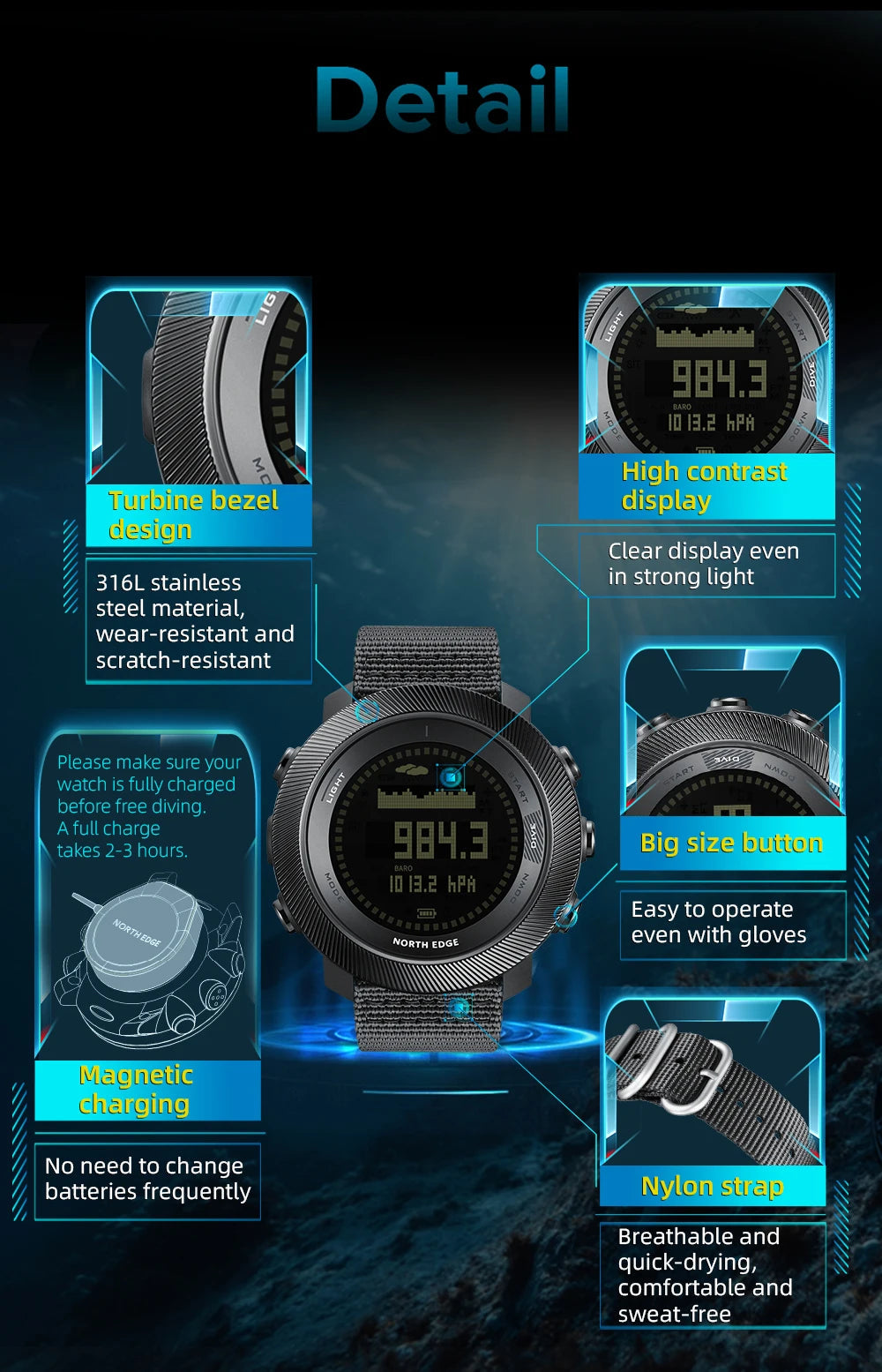 NORTH EDGE APACHE-D Montre Digitale Sportive pour Homme - Montre de Plongée, Outdoor, 100M Étanchéité, Altimètre, Baromètre, Boussole BLACKBEARD OUTDOOR INDUSTRIES