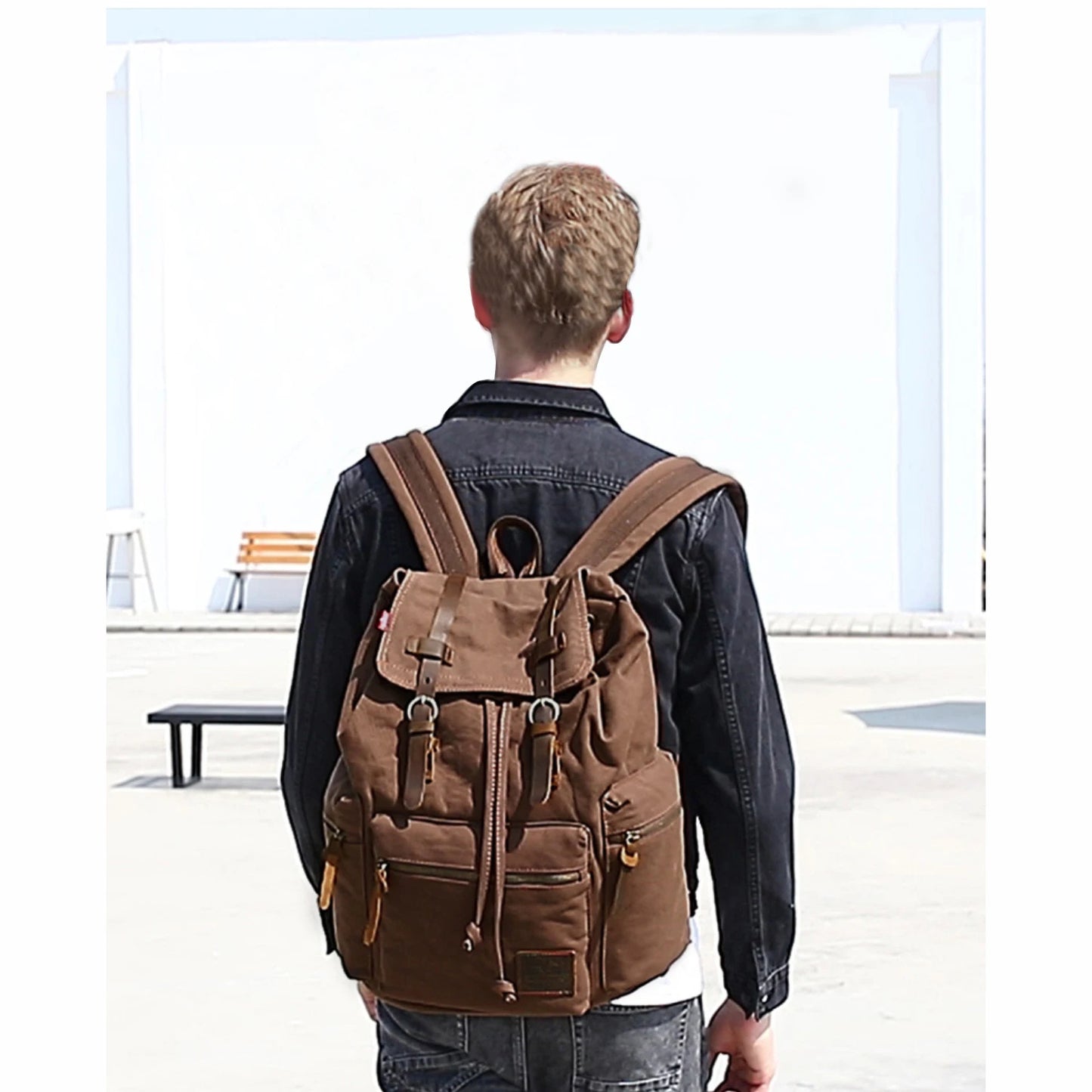 Sac à Dos Toile & Cuir Véritable Homme – Style Rétro Vintage, Compatible Laptop 14"
