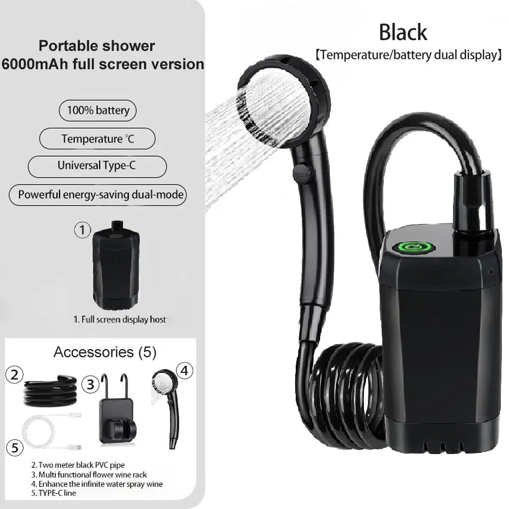 Douche de camping rechargeable 6 000 mAh – Écran et USB-C
