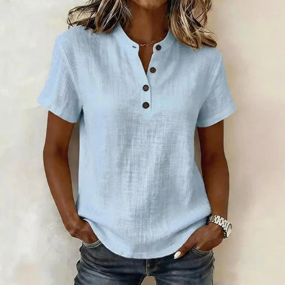 Chemisier femme col V à manches courtes, coupe ample