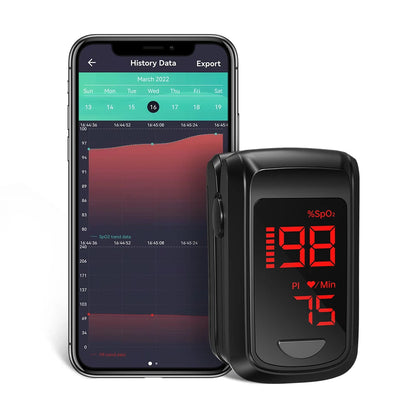 Oxymètre de Pouls Bluetooth au Doigt – Saturation SpO2, Fréquence Cardiaque & Index de Perfusion avec Appli