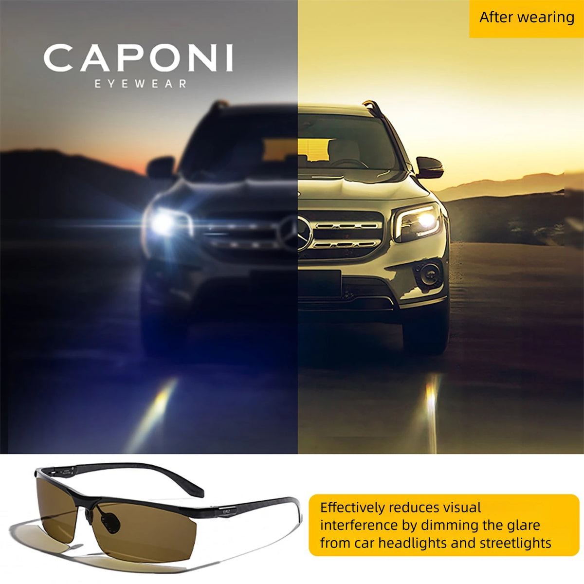 CAPONI Lunettes Photochromiques Vision Nocturne – Verres UV400 HD, Branches Carbone | Conduite, Sport, Pêche