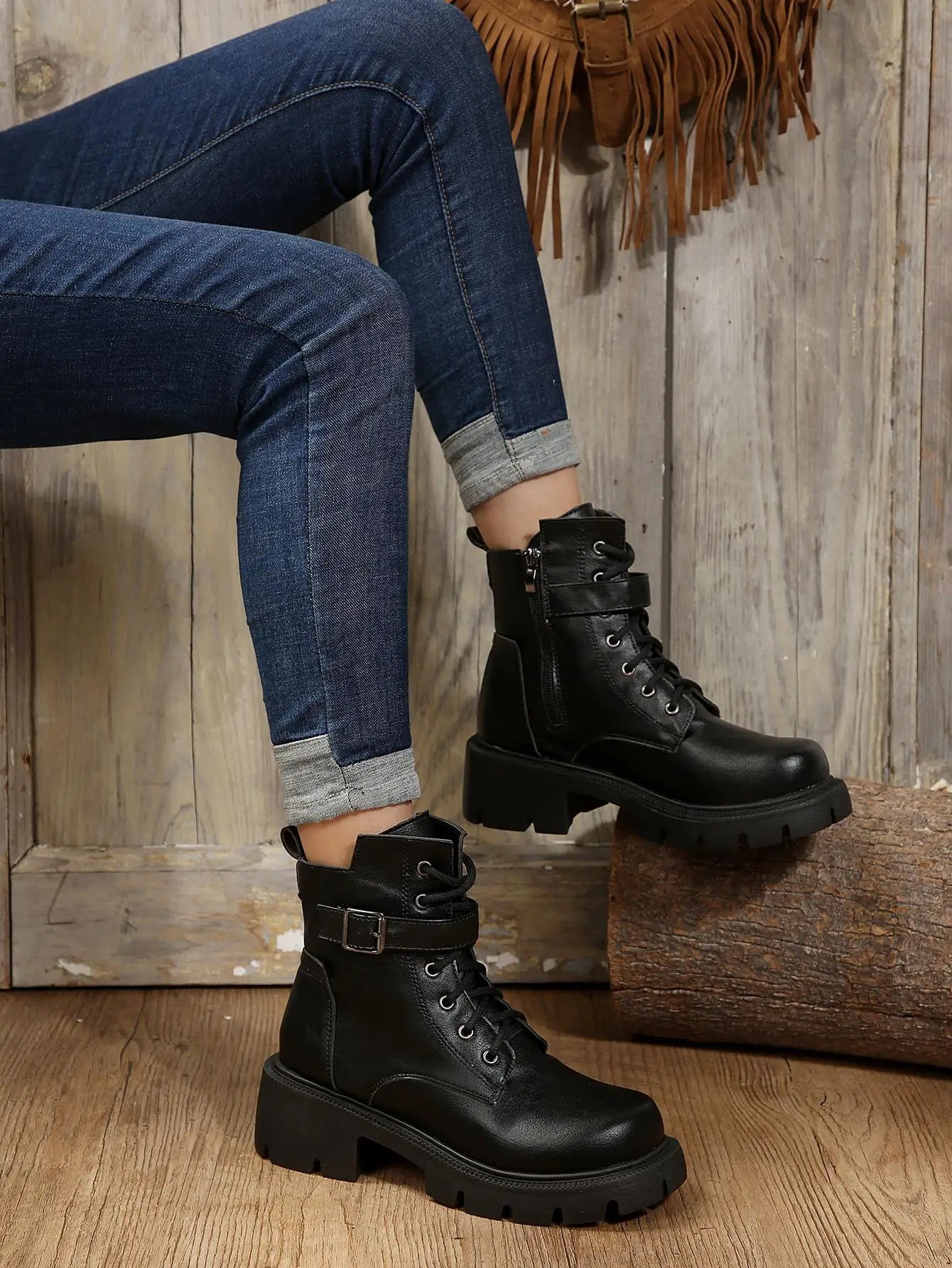 Bottines Femme à Talon Épais – Bottes Combat à Lacets & Fermeture Éclair – Style Punk Rock avec Boucle Ceinture – Pointure Jusqu’au 43 - BLACKBEARD OUTDOOR INDUSTRIES